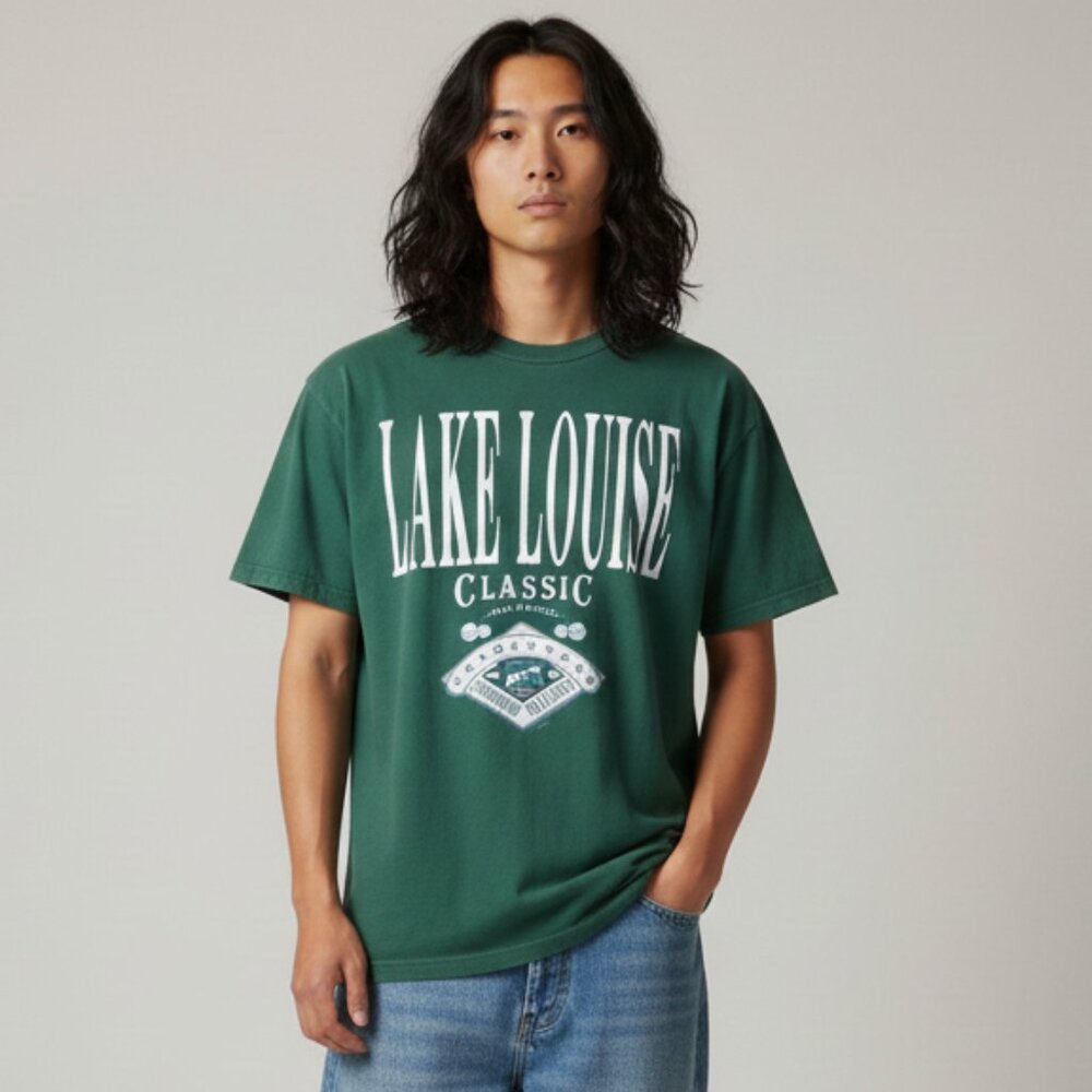 Vintage Lake Louise Spellout Graphic green T Shirt short sleeve tee, mens sz S